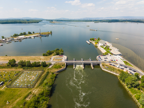 Aerial view of the Danubiana Meulensteen Art Museum on a peninsula by a dam on the Danube river Bratislava Bratislavsky kraj Slovakia. Aerial view of the Danubiana Meulensteen Art Museum on a peninsula by a dam on the Danube river Bratislava Bratislavsky kraj Slovakia.
