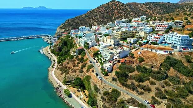 Aerial view of coastal town in Crete Greece.