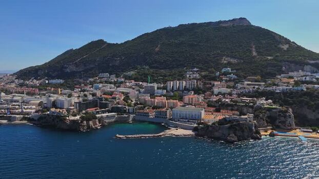 Aerial view of Rosia Bay and coastal buildings Gibraltar.