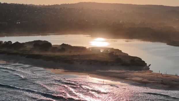 Aerial view of Dee Why Lagoon at sunset Australia.