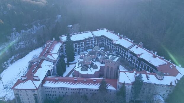 Aerial view of Rila Monastery in winter Bulgaria.
