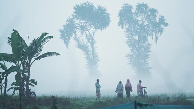 View of people standing in a foggy rural field in Bogura Bangladesh.