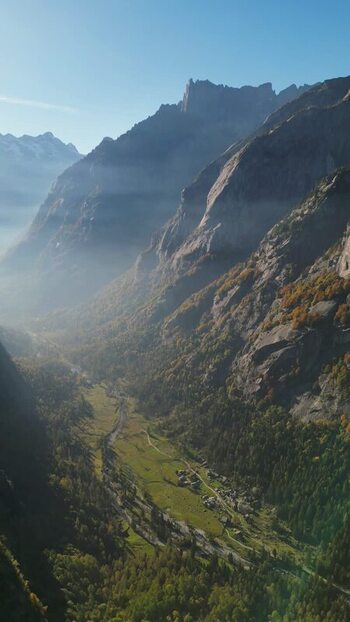 Aerial view of Val di Mello valley and granite peaks Italy. Aerial view of Val di Mello valley and granite peaks Italy.