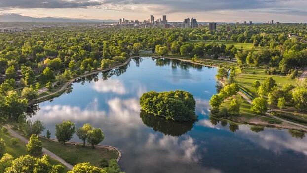 Aerial view of Denver skyline and Washington Park United States.