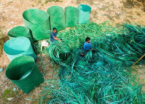 Manikganj Bangladesh 15 January 2025 Aerial view of workers amidst a vibrant sea of green plastic crafting and sorting reflecting the ingenuity of local recycling efforts. Manikganj Bangladesh 15 January 2025 Aerial view of workers amidst a vibrant sea of green plastic crafting and sorting reflecting the ingenuity of local recycling efforts.