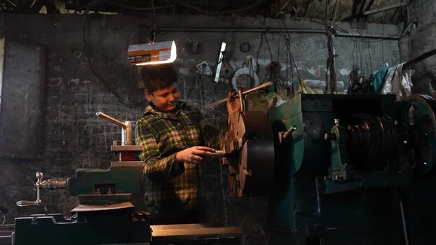 View of a young boy working on a lathe machine Bangladesh.