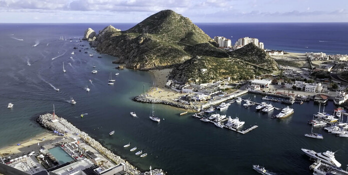 Aerial view of the marina and coastal landscape in Cabo San Lucas Baja California Sur Mexico.