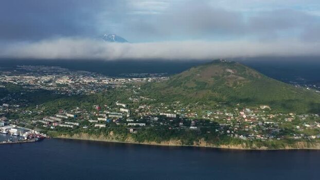 Aerial view of Petropavlovsk Kamchatskiy and Avacha Bay Russia.