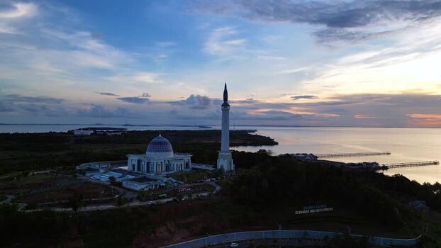 Aerial view of the Great Mosque of Riau Islands Indonesia.