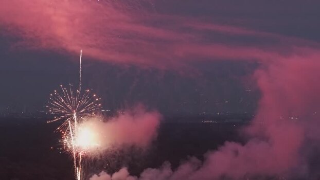 Aerial view of fireworks over Chicago skyline United States.