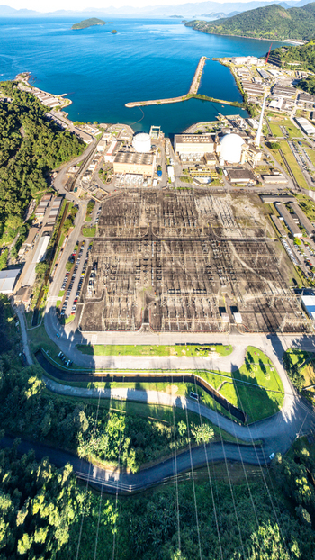 Aerial view of the Nuclear Power Plant Angra 2 featuring its large electrical substation containment domes and coastal surroundings in Angra dos Reis Rio de Janeiro Brazil.