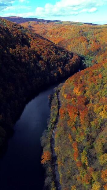 Aerial view of a winding river in the autumn forest of Miskolc Hungary. Aerial view of a winding river in the autumn forest of Miskolc Hungary.