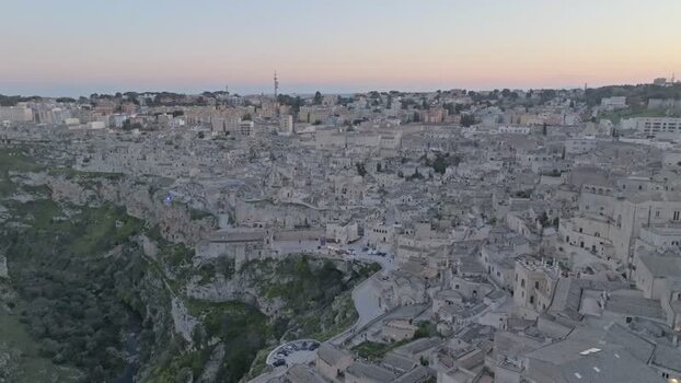 Aerial view of Matera at sunset Italy.