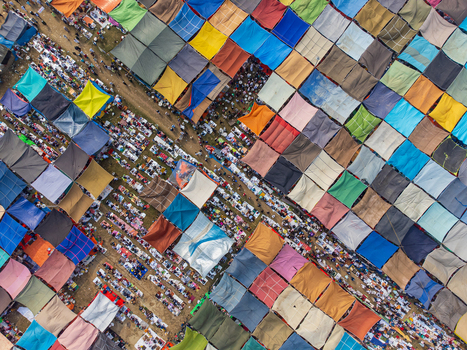 Tongi Bangladesh 31 January 2025 Aerial view of thousands of devotees gathered under colorful tarps for a religious congregation during the Bishwa Ijtema. Tongi Bangladesh 31 January 2025 Aerial view of thousands of devotees gathered under colorful tarps for a religious congregation during the Bishwa Ijtema.