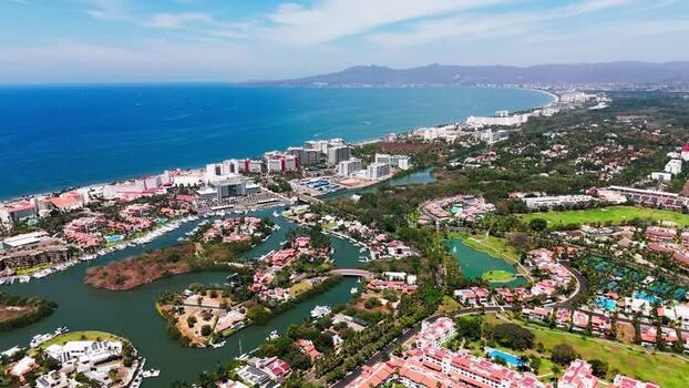 Aerial view of buildings and coastline Mexico.