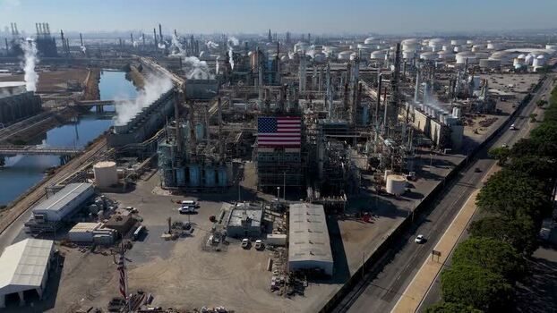 Aerial view of industrial refinery complex in Carson United States.