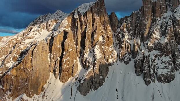 Aerial view of Dolomite Mountains in Canazei Italy.