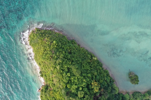 Aerial view of Pulau Maginti featuring lush green vegetation surrounded by clear turquoise waters and rocky shorelines in Maginti South East Sulawesi Indonesia.
