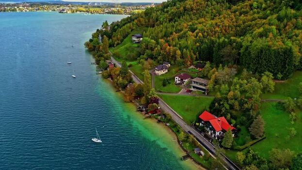 Aerial view of Attersee lake and shoreline in Austria.