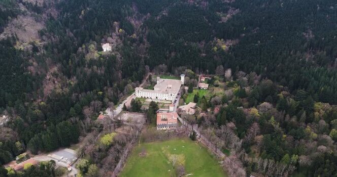 Aerial view of Vallombrosa Abbey nestled in the dense forest Italy. Aerial view of Vallombrosa Abbey nestled in the dense forest Italy.