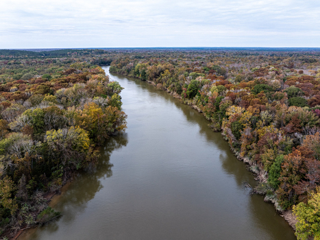 Aerial view of a serene river winding through a tapestry of autumnal trees displaying vibrant colors creating a peaceful landscape Fort Motte South Carolina United States.