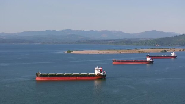 Aerial view of cargo ships on the Columbia River United States.