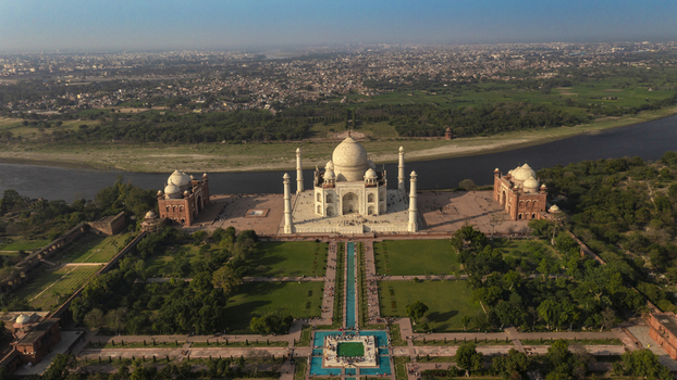 Aerial view of the Taj Mahal along Yamuna river Tajganj Agra Uttar Pradesh India.