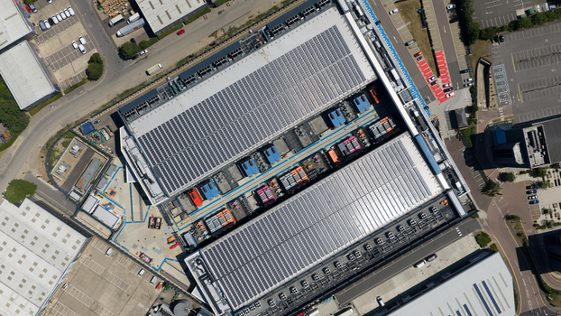 Aerial view of data center backup generators and HVAC systems in Hemel Hempstead Aerial view of data center backup generators and HVAC systems in Hemel Hempstead