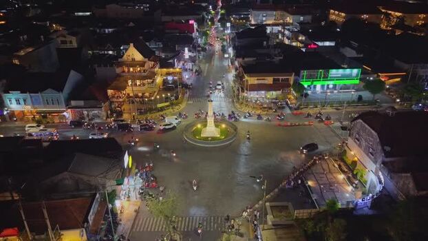Aerial view of Tugu Yogyakarta Monument at night Indonesia. Aerial view of Tugu Yogyakarta Monument at night Indonesia.