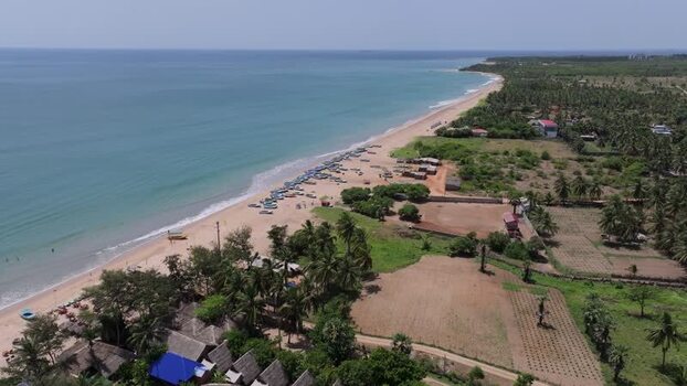 Aerial view of Trincomalee beach and coastal hotels Sri Lanka.