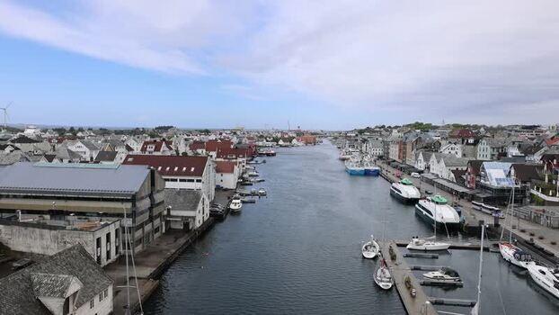 Aerial view of the waterfront and harbor in Haugesund Norway.