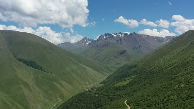 Aerial view of Caucasus Mountains and Elbrus Russia.