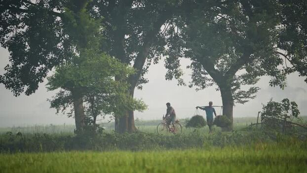View of men commuting through rural fields in Bogura Bangladesh.