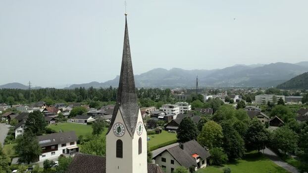 Aerial view of church steeple in a town Liechtenstein.