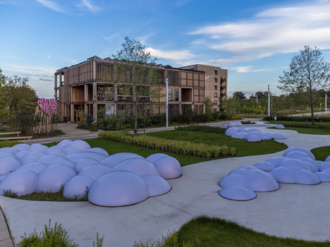Aerial view of light lavender spheres dotting the landscape around wooden buildings and green spaces under a serene sky Utopia Flevoland Netherlands.