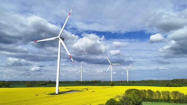 Aerial view of wind turbines in a yellow rapeseed field Germany. Aerial view of wind turbines in a yellow rapeseed field Germany.