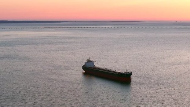 Aerial view of cargo ship on Columbia River United States.