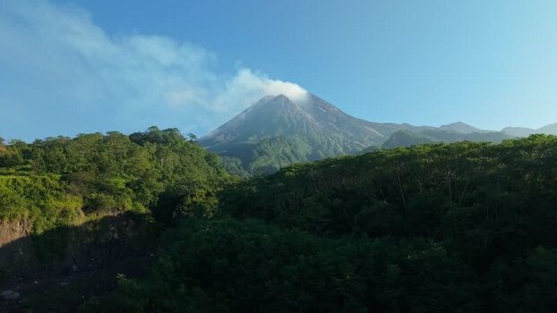 Aerial view of Mount Merapi and Kali Gendol River Indonesia.