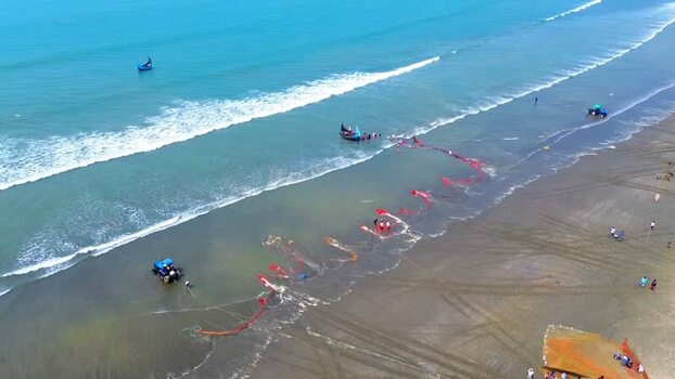 Aerial view of fishing nets on beach Bangladesh. Aerial view of fishing nets on beach Bangladesh.