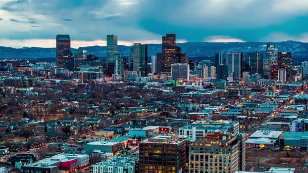 Aerial view of Denver skyline at dusk United States.