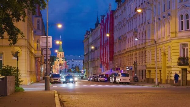 View of a quiet street in Olomouc at dusk Czechia. View of a quiet street in Olomouc at dusk Czechia.
