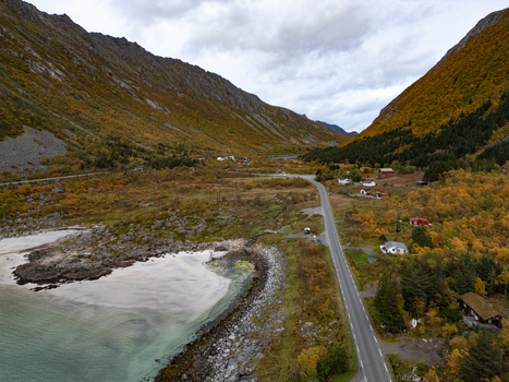 Aerial view of Rorvikstranda beach and a coastal road winding through a valley with autumn foliage on mountain slopes in Henningsvaer Nordland Norway.