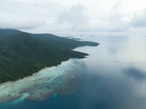 Aerial view of the lush green island meeting the turquoise waters under a cloudy sky Karimunjawa Central Java Indonesia.