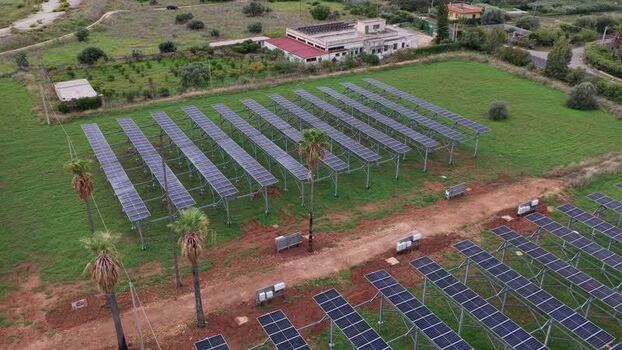 Aerial view of solar farm in Terrasini Italy.