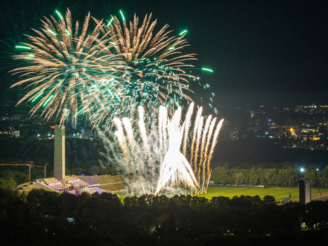 Berlin Berlin Germany 26 September 2026 Aerial view of Olympiastadion Berlin during the Pyronale fireworks display with bright pyrotechnics illuminating the night sky above the stadium.