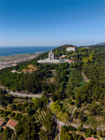 Aerial view of the Sanctuary of the Sacred Heart of Jesus on Monte de Santa Luzia overlooking the city forests and the Atlantic Ocean in Viana do Castelo Viana do Castelo Dist Portugal. Aerial view of the Sanctuary of the Sacred Heart of Jesus on Monte de Santa Luzia overlooking the city forests and the Atlantic Ocean in Viana do Castelo Viana do Castelo Dist Portugal.