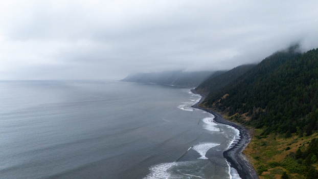 Aerial view of the rugged Lost Coast shoreline with dense evergreen forests and misty clouds over the Pacific Ocean in Humboldt County California United States.
