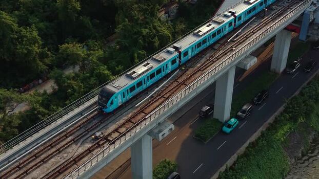Aerial view of MRT train on elevated track in Jakarta Indonesia.