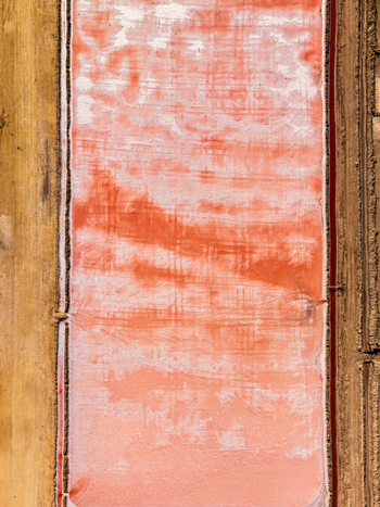 Aerial view of a vibrant pink salt pan with textured mineral deposits and surrounding earthen embankments in Andalusia Spain. Aerial view of a vibrant pink salt pan with textured mineral deposits and surrounding earthen embankments in Andalusia Spain.
