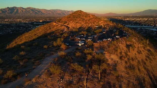 Aerial view of Tumamoc Hill with cars United States. Aerial view of Tumamoc Hill with cars United States.